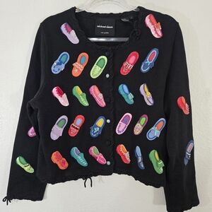 Michael Simon Black Cardigan w/Multicolor Embroidered Beaded Shoe Designs, Large